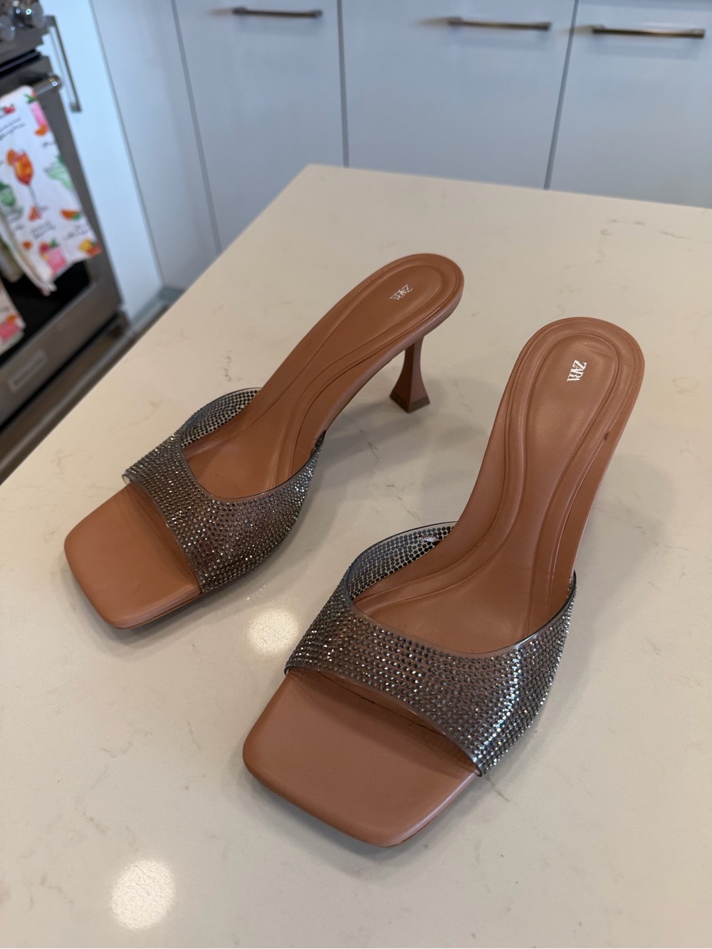 Zara Tan Slide Heels with Crystal Strap